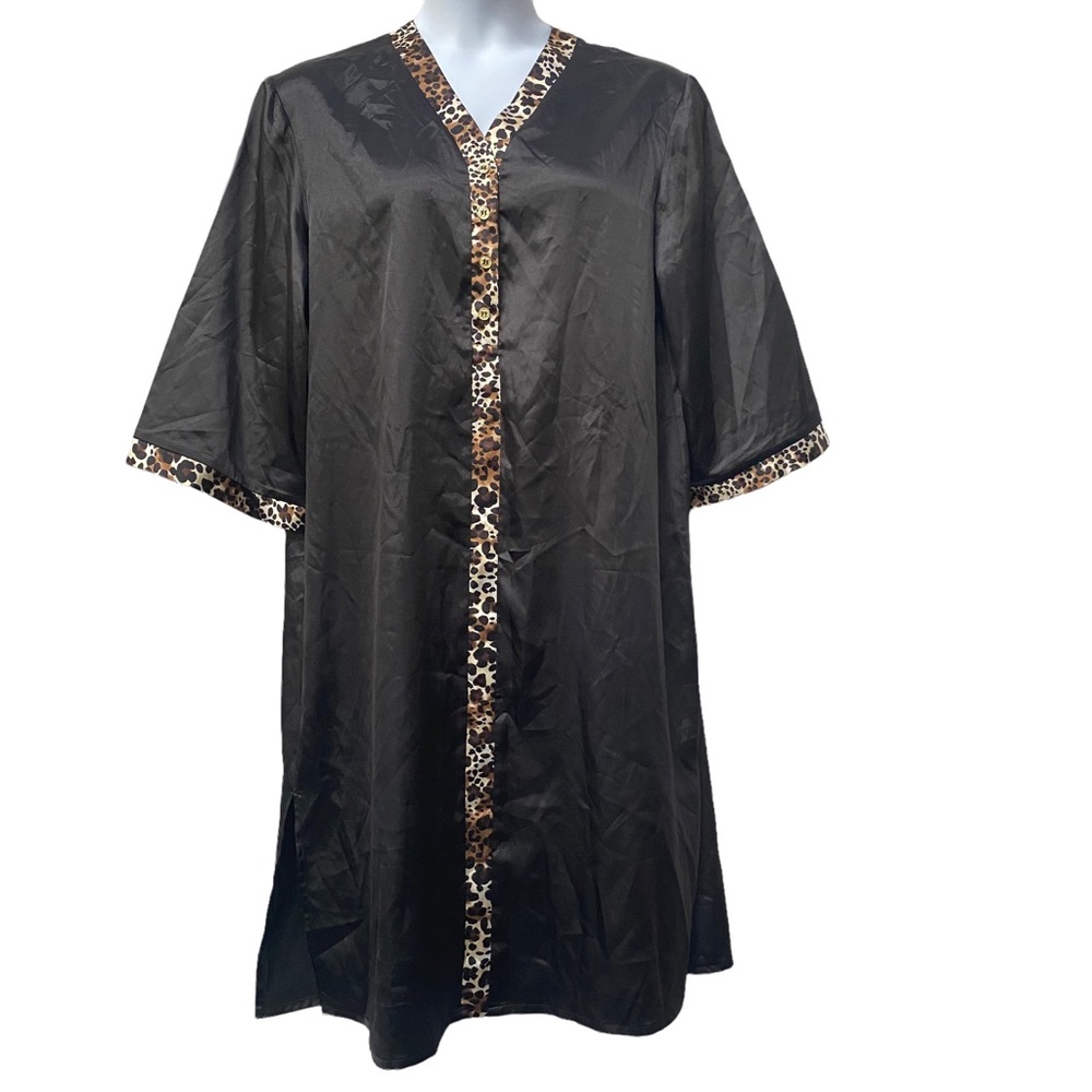 IMAN Black Satin Leopard Trim SHORT Nightgown NIGHTIE - size XL